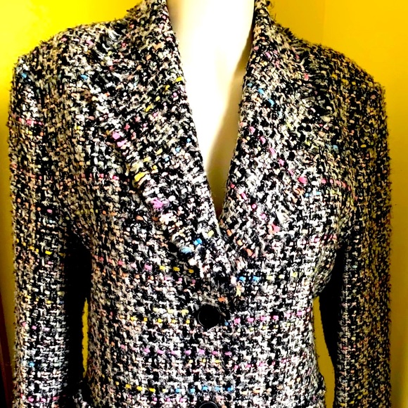 Black wool tweed blazer with fringes at collar trim line & outer pockets US 10 - Picture 4 of 16
